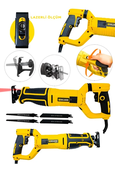 Graizer 1000W 6 Kademe Devir Ayarlı Bakir Sargılı Kemik Kesme Tilki Kuyruğu Testere Lazerli-Sarı