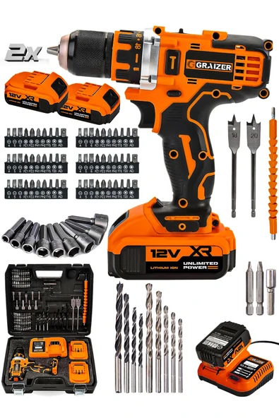 Graizer Powerforge 12v Çift Akülü Vidalama Metal Şanzıman-Metal Mandren Şarjlı Matkap-Turuncu