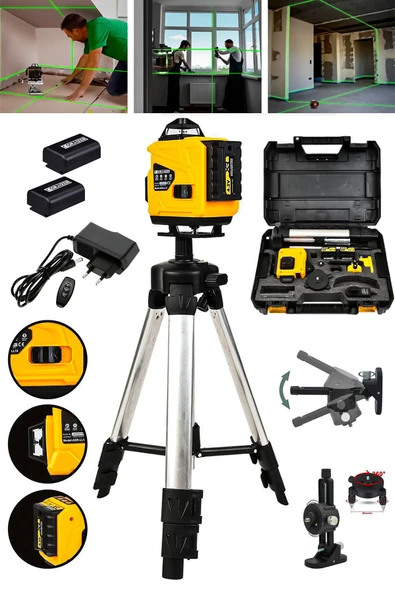 Graizer Powerforge Profesyonel 360° 16 Köşe Otomatik Hizalama Tripod'lu Lazer Metre Hizalama-Sarı