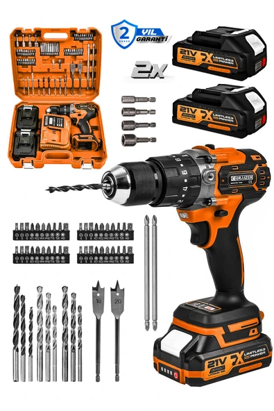 Graizer Powerforge 21v Çift Akülü Vidalama Çelik Mandren Kömürsüz Motor Darbeli Şarjlı Matkap-Turuncu