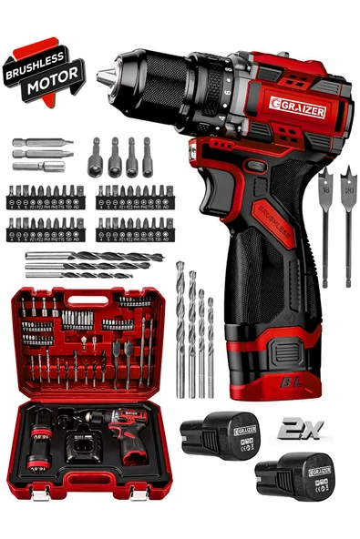 Graizer Powerforge 16.8v Çift Akü Çelik Mandren Kömürsüz Motor Darbesiz Şarjlı Matkap Akülü Vidalama-Kırmızı