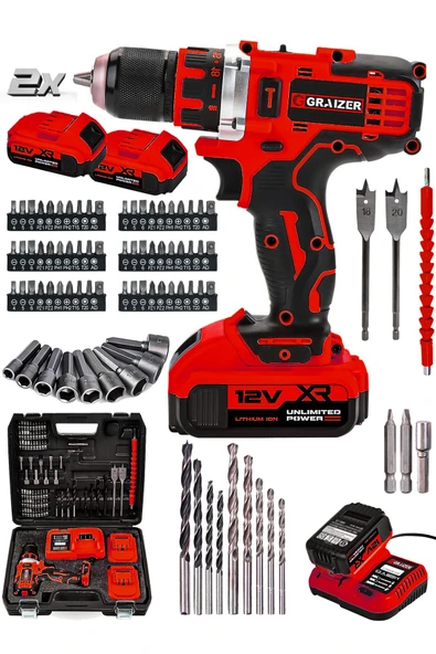 Graizer Powerforge 12v Çift Akülü Vidalama Metal Şanzıman-Metal Mandren Şarjlı Matkap-Kırmızı