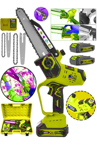 WaltMann Germany Çift Bataryalı Extra Güçlü 58vf Şarjlı Dal Budama Ağaç Odun Kesme Makinası Sarı
