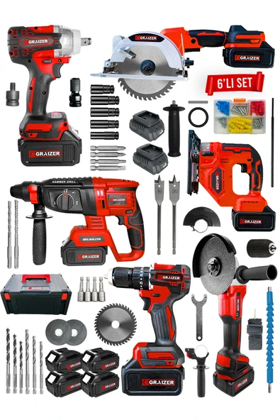 Graizer Powerforge Profesyonel Kömürsüz Bakır Sargılı Çelik Şanzıman 6'lı Set Sunta Kesme+Dekupaj-Kırmızı - 2