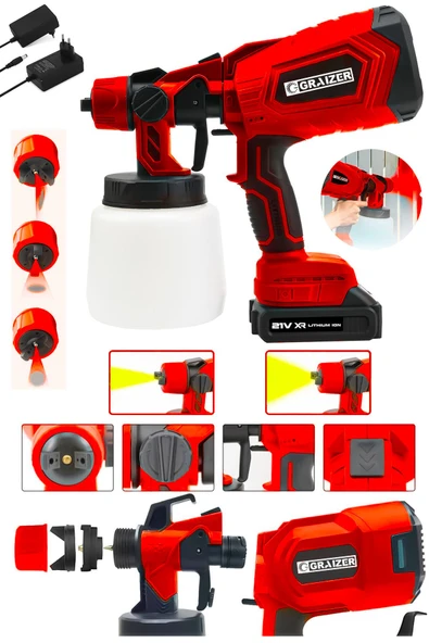 Graizer Powerforge 21v Çift Akülü 300 Mm Vernik Sprey Boya Püskürtme Makinesi-Kırmızı