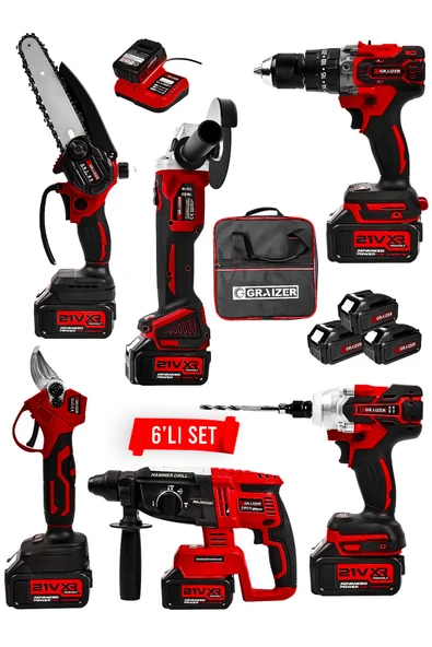 Graizer Profesyonel 21v Bez Çantalı Kömürsüz Darbeli 6'lı Set-kırmızı