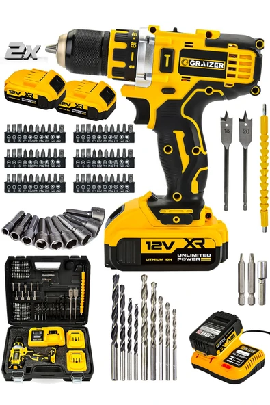 Graizer Powerforge 12v Çift Akülü Vidalama Metal Şanzıman-Metal Mandren Şarjlı Matkap-Sarı