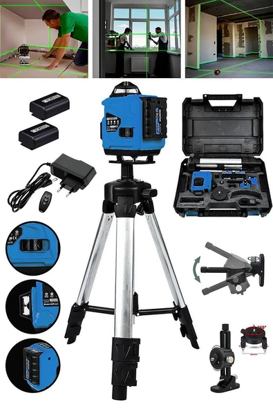 Powerforge Profesyonel 360° 16 Köşe Otomatik Hizalama Tripod'lu Lazer Metre Hizalama-Mavi