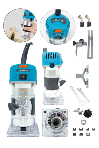 Graizer 6 Kademe Devir Ayarlı Formika Traşlama Freze Makinesi 6 Mm + 12 Adet Uç Hediye-MAVİ - 2