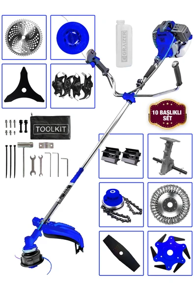 Graizer Powerforge 11 Başlıklı Set Yan Tipi Benzinli Motorlu Ot Çalı Tırpanı Çim Biçme Makinesi Tırpan-Mavi