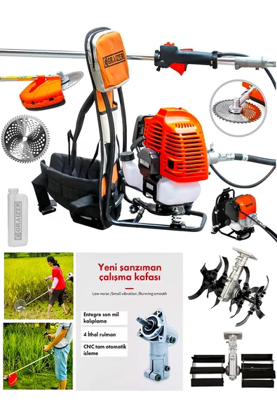 Graizer 58 Cc 11000 Rpm Sırt Tipi Benzinli Motor Ot Çalı Çim Biçme Tırpan Akrobat-Palet Çapa-Turuncu