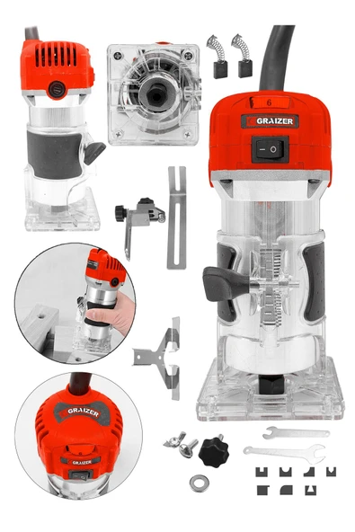 Graizer 6 Kademe Devir Ayarlı Formika Traşlama Freze Makinesi 6 Mm + 12 Adet Uç -Kırmızı