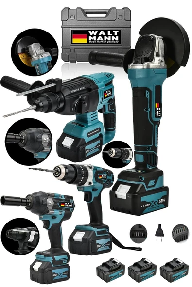 WaltMann 4 lü Set Şarjlı Kömürsüz Motor Matkap Vidalama-Kırıcı Delici Hılti-Taşlama-Somun Sökme Makinesi