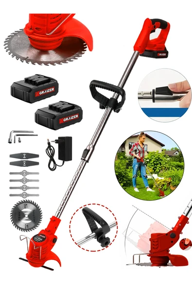 Graizer Pro Kızaklı Uzatma Kollu Akülü Ot Çalı Çim Biçme Şarjlı Tırpan-Kırmızı