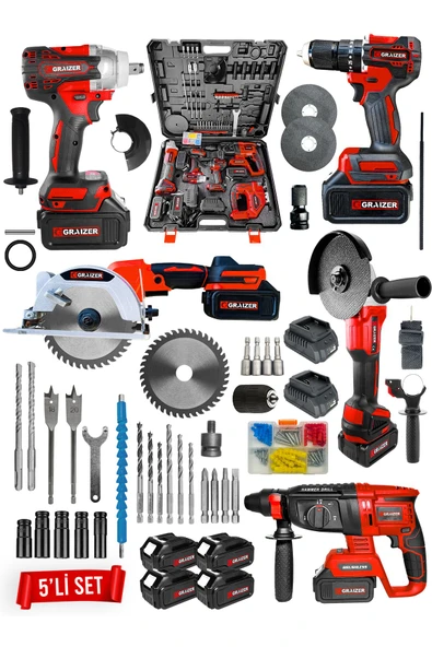 Graizer Powerforge Profesyonel Kömürsüz 4 Bataryalı Çelik Şanzıman 5'li Set Sunta Kesmeli-Kırmızı