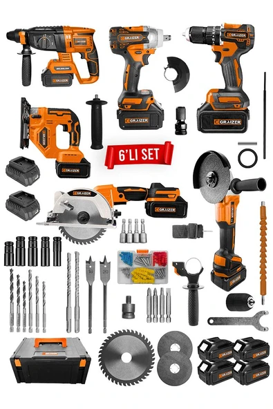 Powerforge Profesyonel Kömürsüz Bakır Sargılı Çelik Şanzıman 6'lı Set Sunta Kesme+Dekupaj-Turuncu