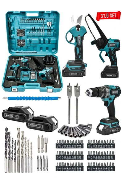 Graizer Powerforge 3'lü Set Kömürsüz Motor Şarjlı Budama Testeresi-Şarjlı Budama Makası-Şarjlı Matkap-Mavi