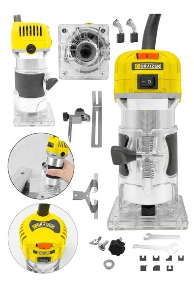 Graizer 6 Kademe Devir Ayarlı Formika Traşlama Freze Makinesi 6 Mm + 12 Adet Uç Hediye-Sarı