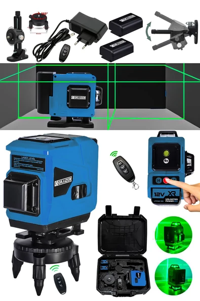 Graizer Powerforge 360° 12 Köşe Otomatik Hizalamalı Yeşil Çizgili Su Terazili Lazer Metre Hizalama-Mavi