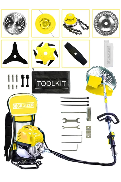 Graizer Powerforge 7 Başlıklı Set Sırt Tipi Benzinli Motorlu Ot Çalı Tırpanı Çim Biçme Makinesi Tırpan-Sarı