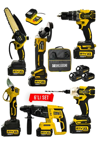 Graizer Profesyonel 21V Bez Çantalı Kömürsüz Darbeli 6'lı Set-Sarı