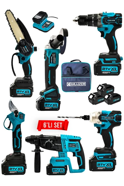 Graizer Profesyonel 21v Bez Çantalı Kömürsüz Darbeli 6'lı Set-mavi