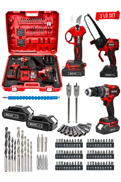 Graizer Powerforge 3'lü Set Kömürsüz Motor Şarjlı Budama Testeresi-Şarjlı Budama Makası-Şarjlı Matkap-Krmz