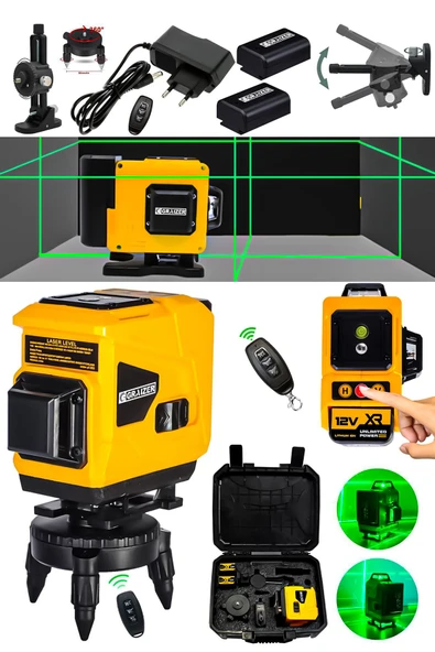 Graizer Powerforge 360° 12 Köşe Otomatik Hizalamalı Yeşil Çizgili Su Terazili Lazer Metre Hizalama-Sarı