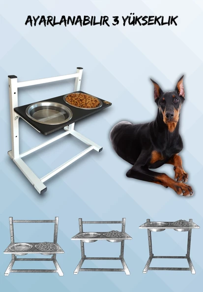 Büyük ve Orta Boy Köpekler İçin Ayarlanabilir 3 Yükseklikli Paslanmaz Çelik Mama ve Su Kabı Standı ürün görseli