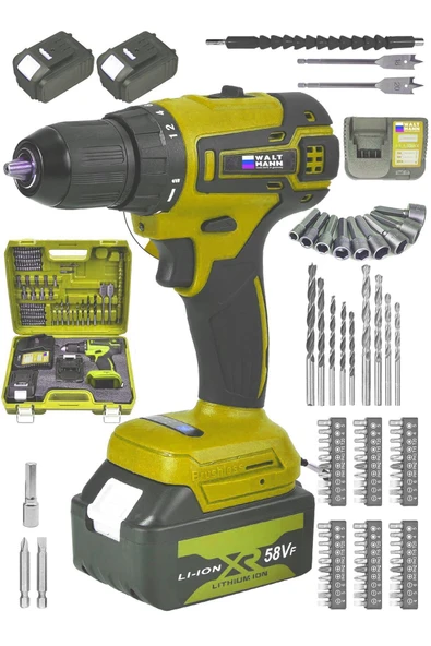 WaltMann 58Vf 5Ah Çelik Şanzıman 10 Pilli Çift Akülü Darbesiz Şarjlı Matkap Vidalama Sarı - Resim 2