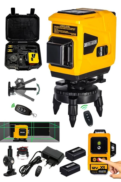 Powerforge 360° 12 Köşe Otomatik Hizalamalı Yeşil Çizgili Su Terazili Lazer Metre Hizalama-Sarı - 2