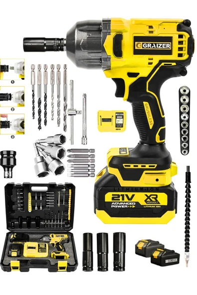 Graizer 21v Çift Akülü Şarjlı Matkap 800nm Torklu Somun Sıkma Sökme-Sarı - 2