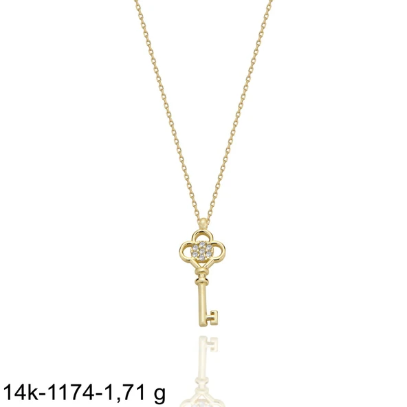 Minik Anahtar Taşlı  Çok Şık 14 Ayar Altın Kolye - Resim 2