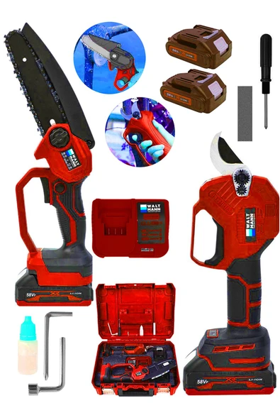 WaltMann Germany 2 Li Set 58 Vf 5 Ah Çift Akülü Çelik Şanzıman Şarjlı Dal Budama & Testeresi Kırmızı - Resim 2