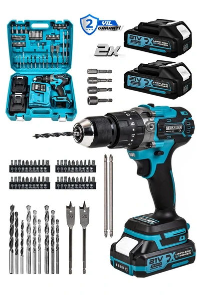 Graizer Powerforge 21v Çift Akülü Vidalama Çelik Mandren Kömürsüz Motor Darbeli Şarjlı Matkap-Mavi