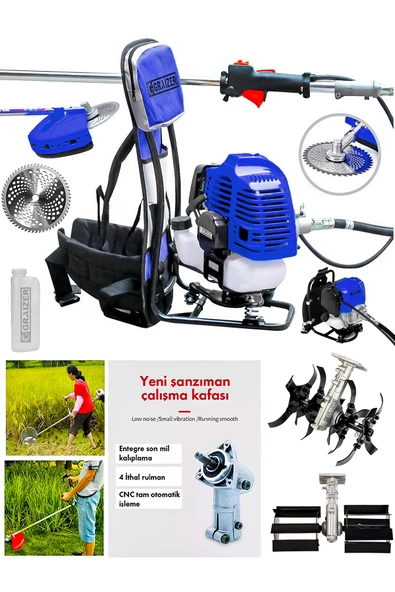 Graizer 58 Cc 11000 Rpm Sırt Tipi Benzinli Motor Ot Çalı Çim Biçme Tırpan Akrobat-Palet Çapa-Mavi