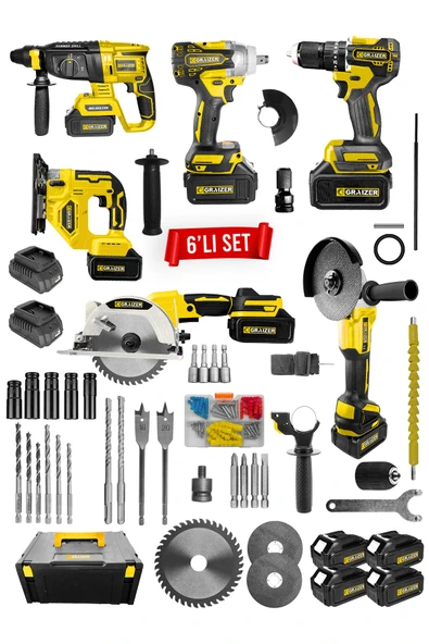 Graizer Powerforge Profesyonel Kömürsüz Bakır Sargılı Çelik Şanzıman 6'lı Set Sunta Kesme+Dekupaj-Sarı
