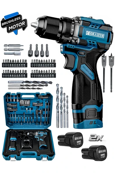 Graizer Powerforge 16.8v Çift Akü Çelik Mandren Kömürsüz Motor Darbesiz Şarjlı Matkap Akülü Vidalama-Mavi