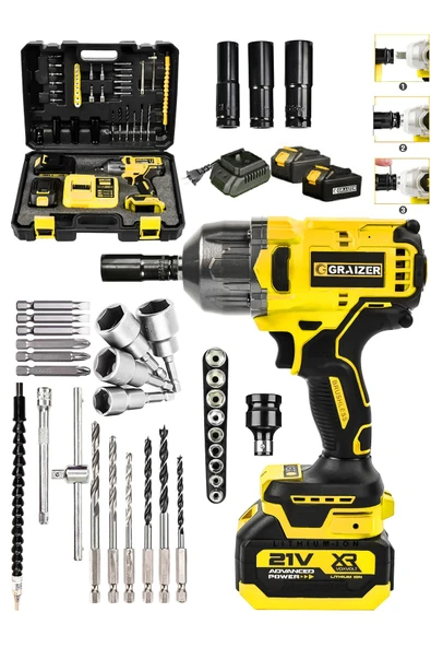 Graizer 21v Çift Akülü Şarjlı Matkap 800nm Torklu Somun Sıkma Sökme-Sarı