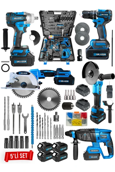 Graizer Powerforge Profesyonel Kömürsüz 4 Bataryalı Çelik Şanzıman 5'li Set Sunta Kesmeli-Mavi