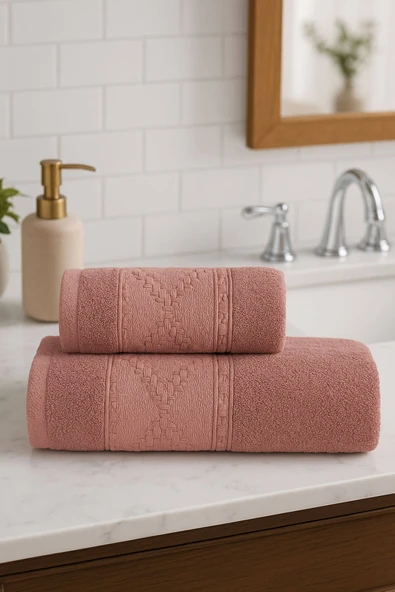 2 Parça Banyo Havlu Takımı %100 Pamuklu Duru Desen - 10