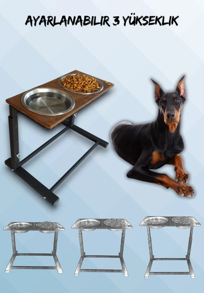 Büyük ve Orta Boy Köpekler İçin Ayarlanabilir 3 Yükseklikli Paslanmaz Çelik Mama ve Su Kabı Standı - 1