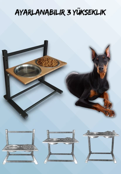 Büyük ve Orta Boy Köpekler İçin Ayarlanabilir 3 Yükseklikli Paslanmaz Çelik Mama ve Su Kabı Standı - 1