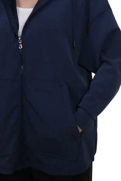 Kadın Modal Kumaş Yumuşak Dokulu Fermuarlı  Rahat Kalıp Lacivert Kapüşonlu Ceket Hırka - 2