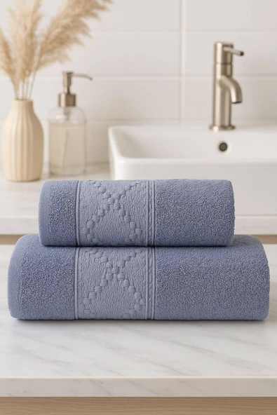 2 Parça Banyo Havlu Takımı %100 Pamuklu Duru Desen - 2