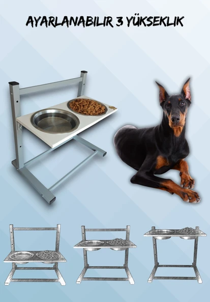 Büyük ve Orta Boy Köpekler İçin Ayarlanabilir 3 Yükseklikli Paslanmaz Çelik Mama ve Su Kabı Standı ürün görseli