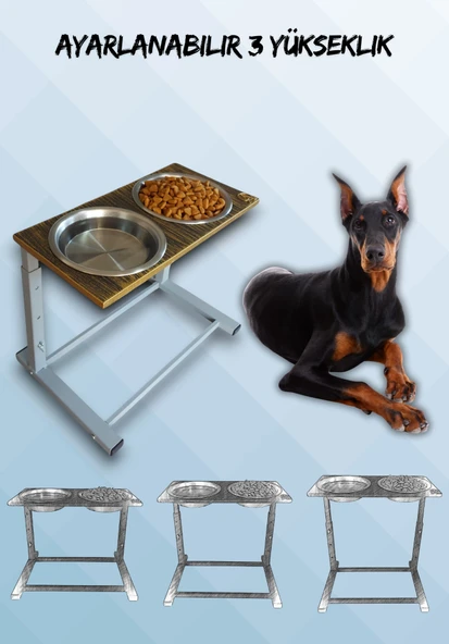 Büyük ve Orta Boy Köpekler İçin Ayarlanabilir 3 Yükseklikli Paslanmaz Çelik Mama ve Su Kabı Standı ürün görseli 1