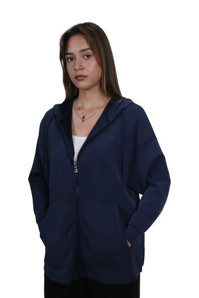 Kadın Modal Kumaş Yumuşak Dokulu Fermuarlı  Rahat Kalıp Lacivert Kapüşonlu Ceket Hırka