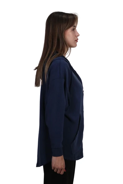 Kadın Modal Kumaş Yumuşak Dokulu Fermuarlı  Rahat Kalıp Lacivert Kapüşonlu Ceket Hırka - 3