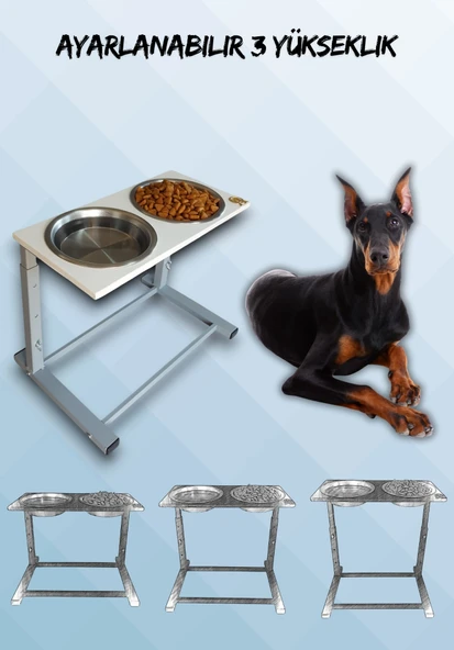 Büyük ve Orta Boy Köpekler İçin Ayarlanabilir 3 Yükseklikli Paslanmaz Çelik Mama ve Su Kabı Standı - 1
